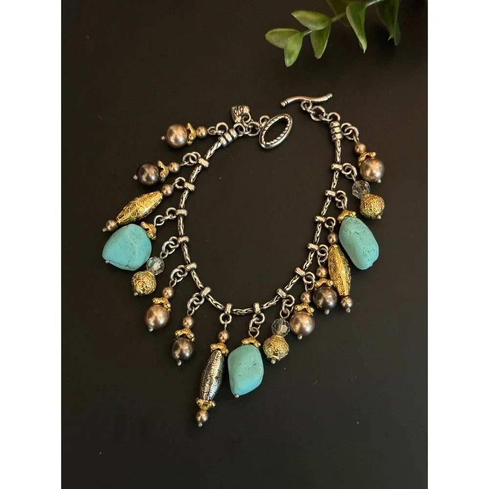 Brighton Turquoise Pearl Mixed Metal Charm Bracelet Silver Gold Tone 7.25